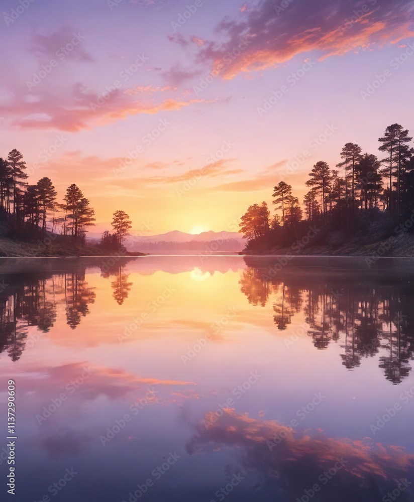 Soft abstract watercolor painting of a peaceful lake at sunset, sunset hues, wavy lines, soft watercolors Soft abstract watercolor painting of a peaceful lake at sunset, sunset hues, wavy lines, soft watercolors