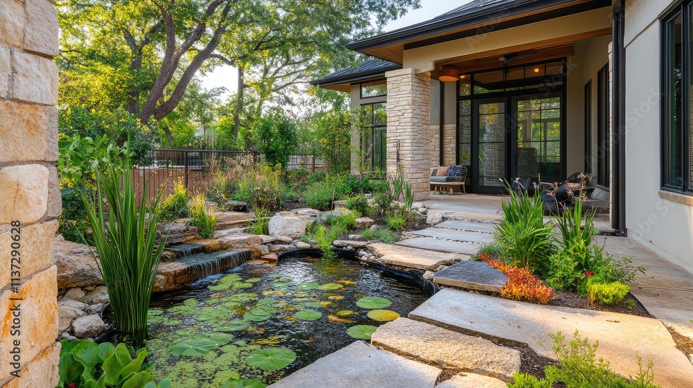 Fototapeta premium A front yard with a small pond surrounded by natural stones and aquatic plants