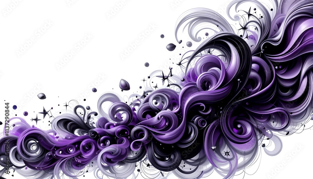 Abstract Swirling Purple and Black 3D Shapes with Star-like Elements Abstract Swirling Purple and Black 3D Shapes with Star-like Elements