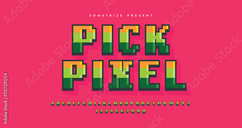 Pick Pixel: A retro 8-bit font with a minimalistic style. Features playful, cartoon-inspired letters in a flat vector design, set against a vibrant yellow background