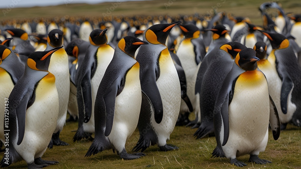 Obraz premium King Penguin (Aptenodytes patagonicus) Chicks in Creche in the rain.