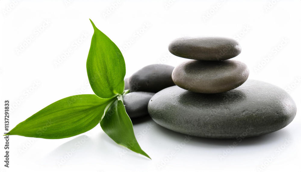 Spa stones and green leaves isolated on white Spa stones and green leaves isolated on white