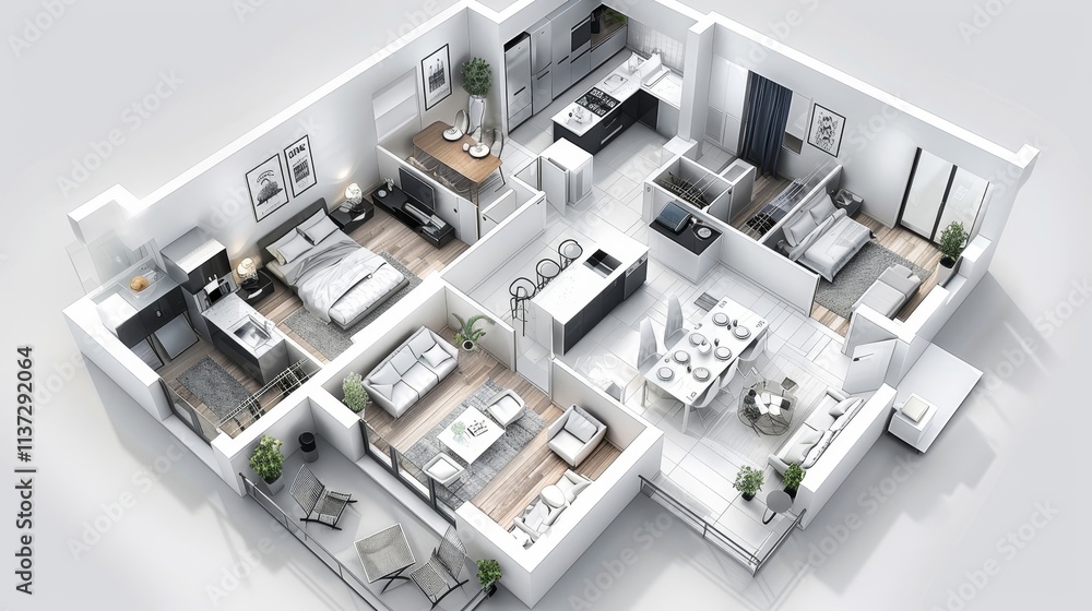 3d top view floor plan interior design, home designer , Open concept living apartment layout in white 3d top view floor plan interior design, home designer , Open concept living apartment layout in white