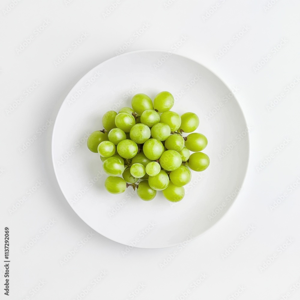 A minimalist plate of fresh green grapes, neatly arranged in a simple pattern on a plain white ceramic plate, Grapes centered A minimalist plate of fresh green grapes, neatly arranged in a simple pattern on a plain white ceramic plate, Grapes centered