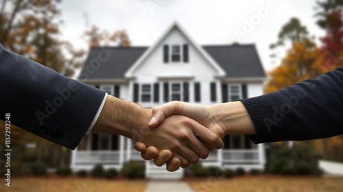 A real estate agent and client sealing a deal with a handshake, symbolizing trust, partnership, and success in a property transaction. Professionalism and mutual agreement are emphasized