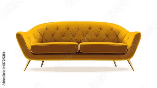 Mustard yellow velvet tufted sofa on white background. photo