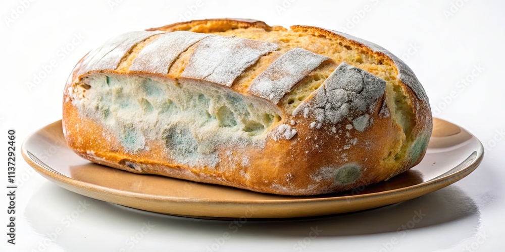 Bread on a plate with visible mold or rot, bland white bread, expired food Bread on a plate with visible mold or rot, bland white bread, expired food