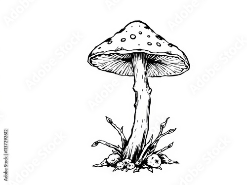 Hand drawn tattoo style vector illustration of a poisonous mushroom on a white background, isolated, hand drawn photo