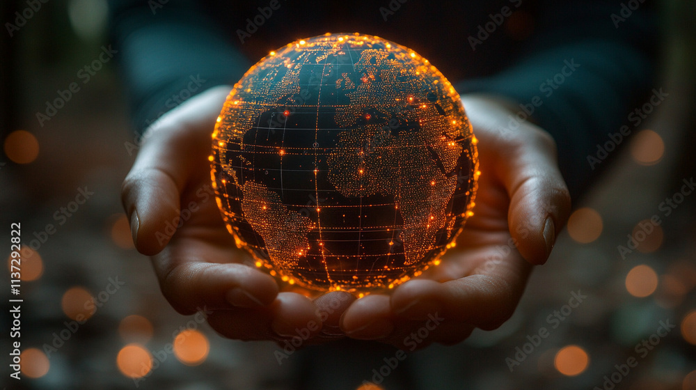 hand reaching out to a glowing digital globe, symbolizing global connectivity, technological advancement, and the human connection to the digital world hand reaching out to a glowing digital globe, symbolizing global connectivity, technological advancement, and the human connection to the digital world