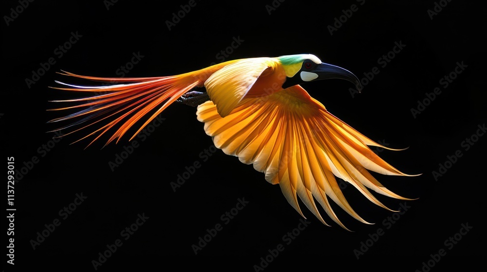 Fototapeta premium A vibrant bird in flight, showcasing its colorful plumage against a dark background.