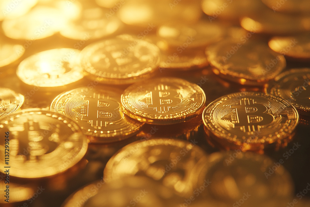 Golden coins stacked together symbolize the rise of cryptocurrency investments and digital assets Golden coins stacked together symbolize the rise of cryptocurrency investments and digital assets