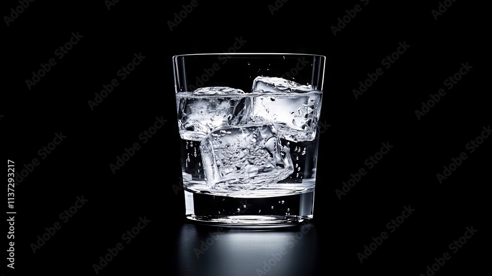 58.High-resolution photo of a transparent glass with cold water and ice cubes, with a few droplets of condensation sliding down the sides; the clarity and simplicity highlight the refreshing quality 58.High-resolution photo of a transparent glass with cold water and ice cubes, with a few droplets of condensation sliding down the sides; the clarity and simplicity highlight the refreshing quality