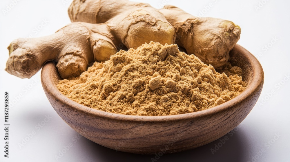 Fresh ginger root and its powder in a bowl. Illustrates the transformation of ginger from root to spice. Fresh ginger root and its powder in a bowl. Illustrates the transformation of ginger from root to spice.