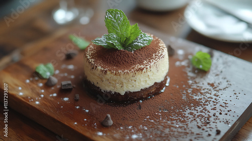 Tiramisu topped with organic cocoa and garnis photo