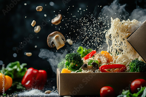 Chinese noodles with vegetables, ingredients falling into a box: noodles, chicken, mushrooms, broccoli, pepper, lettuce, asparagus, sesame seeds photo