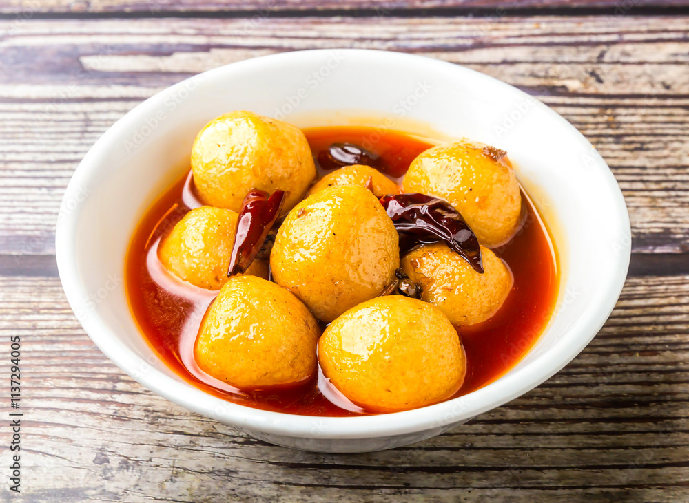 Spicy fish balls with red chilli and sauce served in bowl isolated on wooden table side view of hong kong food Spicy fish balls with red chilli and sauce served in bowl isolated on wooden table side view of hong kong food