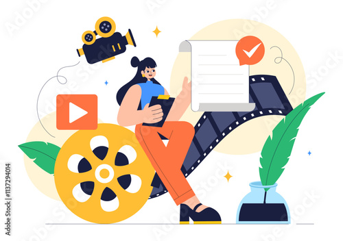 Screenwriter Vector Illustration featuring a Professional Writer and Copywriter for Filmmaking, Cinematography, or Film Production in a Background