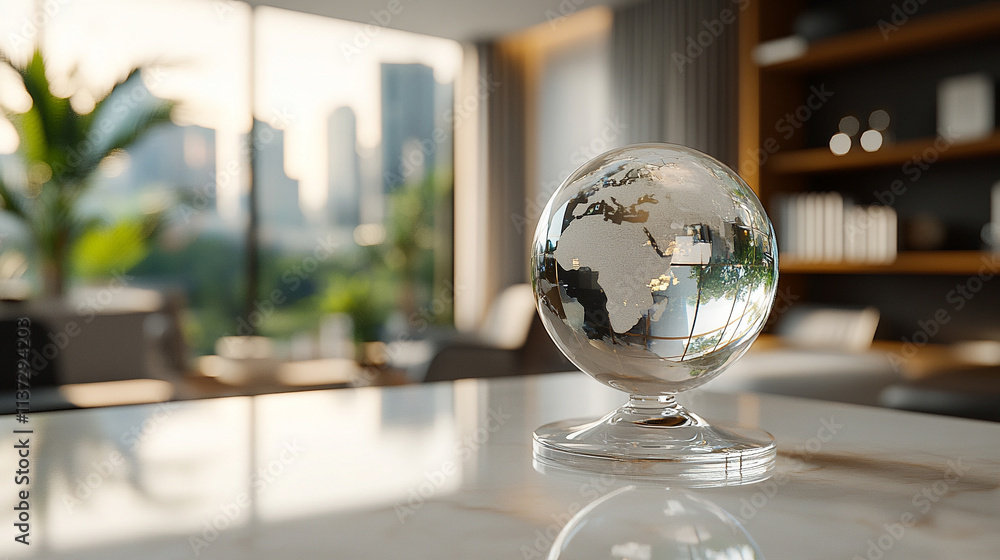 transparent glass globe rests delicately on a modern surface, symbolizing global unity, clarity, and the interconnectedness of humanity and nature, with light refracting through its crystal structure transparent glass globe rests delicately on a modern surface, symbolizing global unity, clarity, and the interconnectedness of humanity and nature, with light refracting through its crystal structure