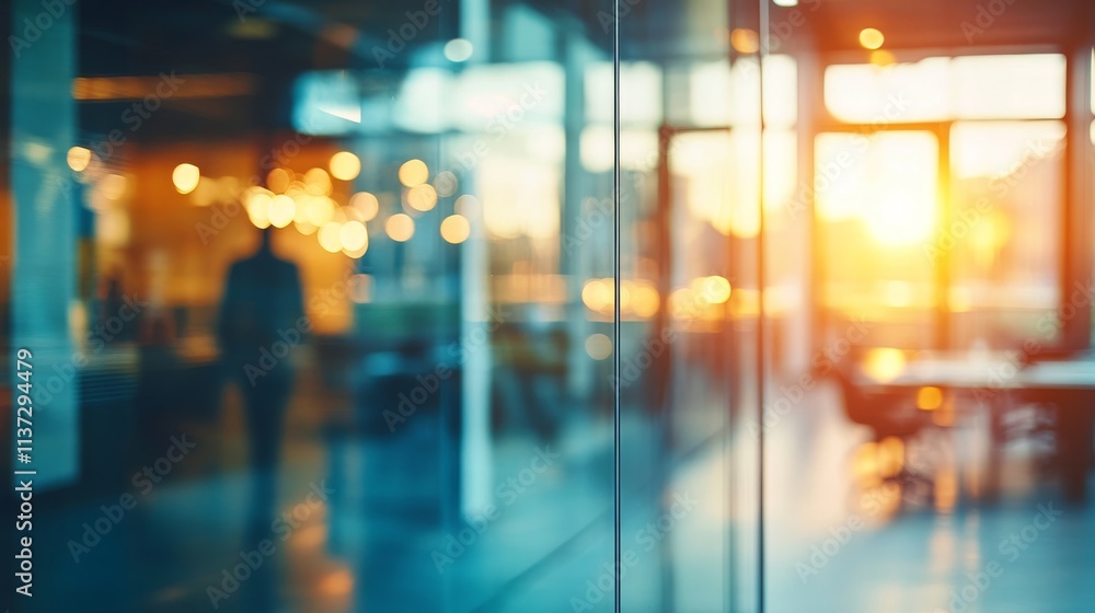 69.Blurred view of an open office layout with large glass partitions, filled with light and muted colors; the transparent surfaces and vibrant ambiance create a sense of spaciousness and calm.