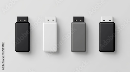 A collection of four USB flash drives in different colors on a minimalist background, ideal for tech and storage themes.
