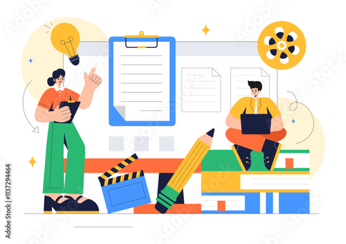 Screenwriter Vector Illustration featuring a Professional Writer and Copywriter for Filmmaking, Cinematography, or Film Production in a Background