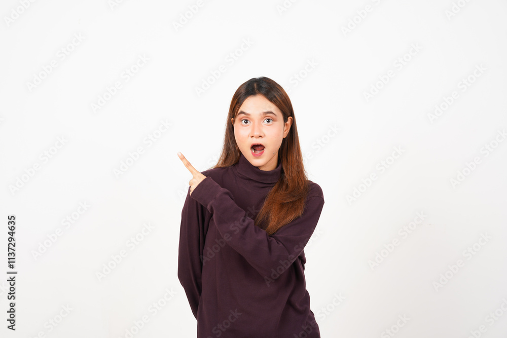 Wow Face Reaction, Presenting and Pointing aside copy space for advertising showing product Of Beautiful Asian Woman Isolated On White Background Wow Face Reaction, Presenting and Pointing aside copy space for advertising showing product Of Beautiful Asian Woman Isolated On White Background