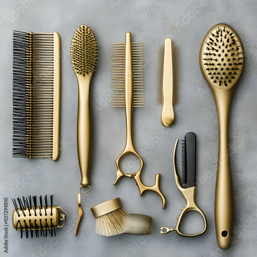 Gold Hairdressing Tools Flatlay, Combs, Brushes & Styling Accessories photo