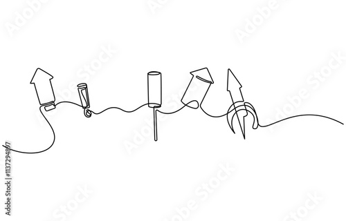 Party popper continuous one line drawing. Simple line art for celebration decoration, Self-drawing a simple firecracker in one line on a white background, Firecrackers one line art vector