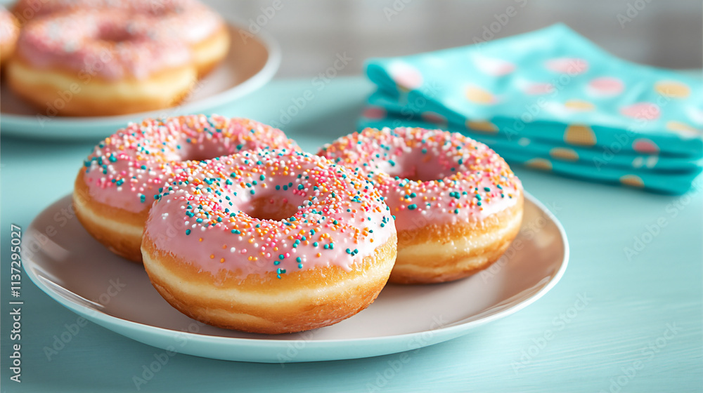 Pastel donuts arranged in a playful setting w Pastel donuts arranged in a playful setting w