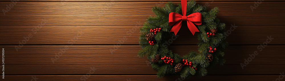Wreath made of holly, pine branches, and a red bow hanging on a wooden door Wreath made of holly, pine branches, and a red bow hanging on a wooden door