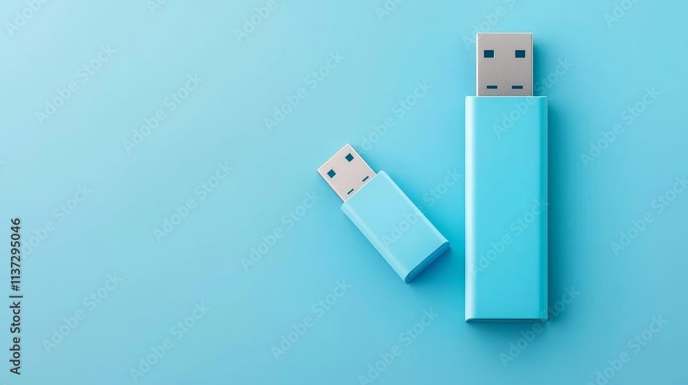 Two blue USB flash drives on a smooth blue background, ideal for showcasing storage solutions and modern technology. Two blue USB flash drives on a smooth blue background, ideal for showcasing storage solutions and modern technology.