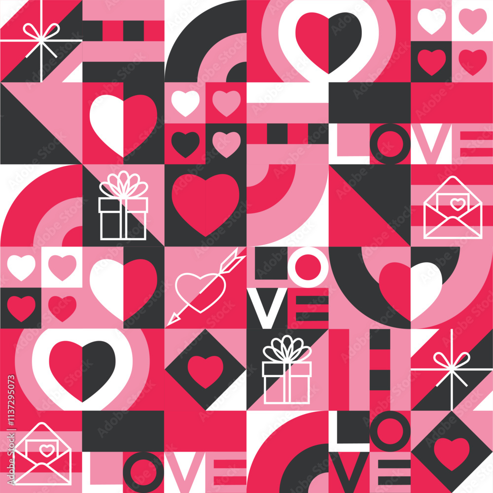 seamless Valentine's day pattern of symbols and geometric shapes in pink, red, black and white colors. a flat drawing with linear elements. EPS 10
seamless Valentine's day pattern of symbols and geometric shapes in pink, red, black and white colors. a flat drawing with linear elements. EPS 10