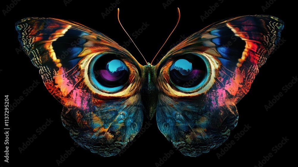 Naklejka premium A vibrant butterfly with large, colorful eyes, set against a black background.