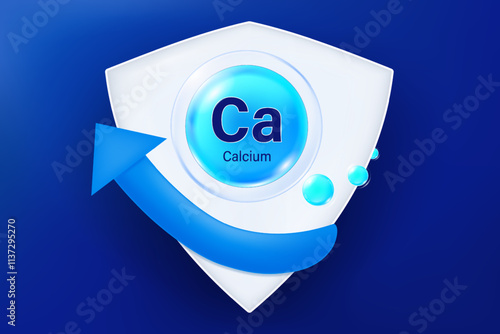 Vitamin calcium molecules. Calcium minerals inside blue bubble floating. Vitamins complex essential supplement for health.