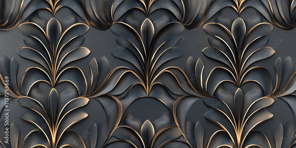 Seamless Pattern of Carved Wood Art Deco Leaves with Reflective Surfaces Seamless Pattern of Carved Wood Art Deco Leaves with Reflective Surfaces