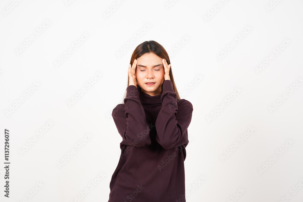 Hand on Head Suffering Headache, Pain On Head Of Beautiful Asian Woman Isolated On White Background Hand on Head Suffering Headache, Pain On Head Of Beautiful Asian Woman Isolated On White Background