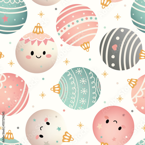 Cute hand drawn seamless vector pattern with kawaii christmas cartoon baubles ornament in Pastel Colors