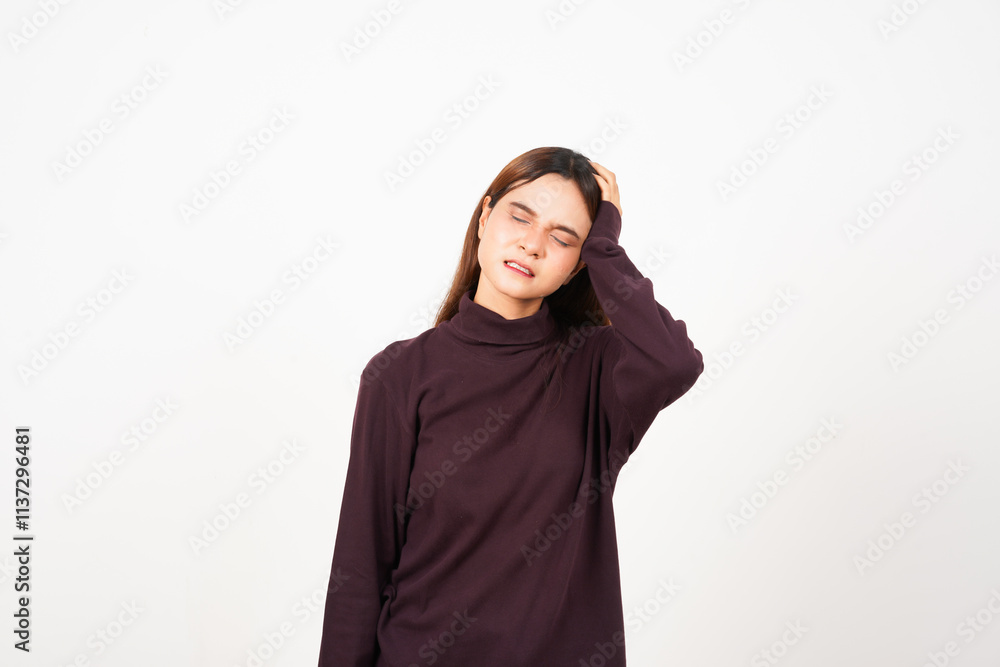 Hand on Head Suffering Headache, Pain On Head Of Beautiful Asian Woman Isolated On White Background Hand on Head Suffering Headache, Pain On Head Of Beautiful Asian Woman Isolated On White Background