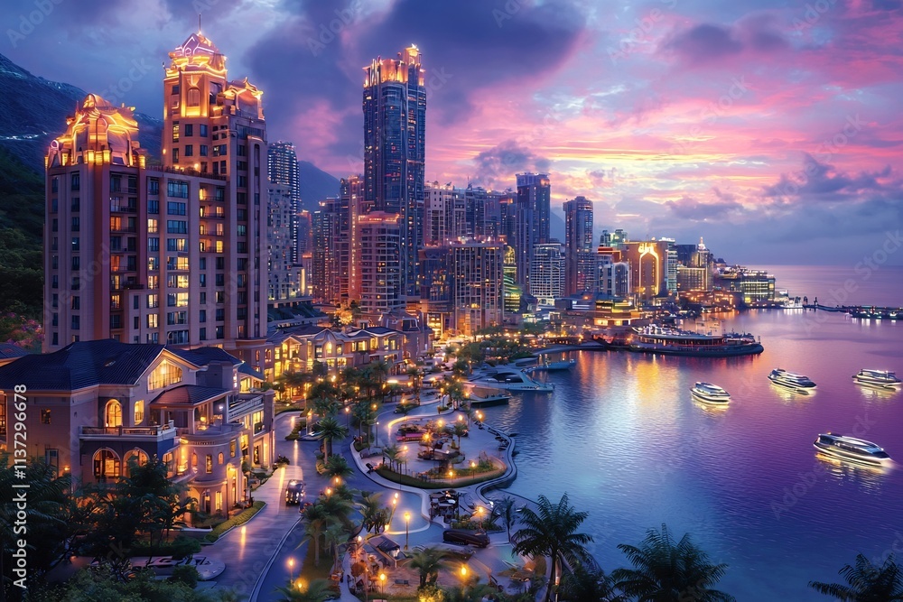 Obraz premium Futuristic Metropolis with Gleaming Skyscrapers Hovercraft Traffic and Neon Lit Waterfront