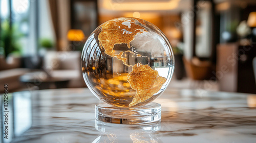 transparent glass globe rests delicately on a modern surface, symbolizing global unity, clarity, and the interconnectedness of humanity and nature, with light refracting through its crystal structure