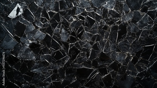 Wallpaper Mural 3.Detailed texture of broken glass on a black background, with jagged, splintered cracks extending outward; the fragmented pattern and stark contrast create a bold and impactful image. Torontodigital.ca