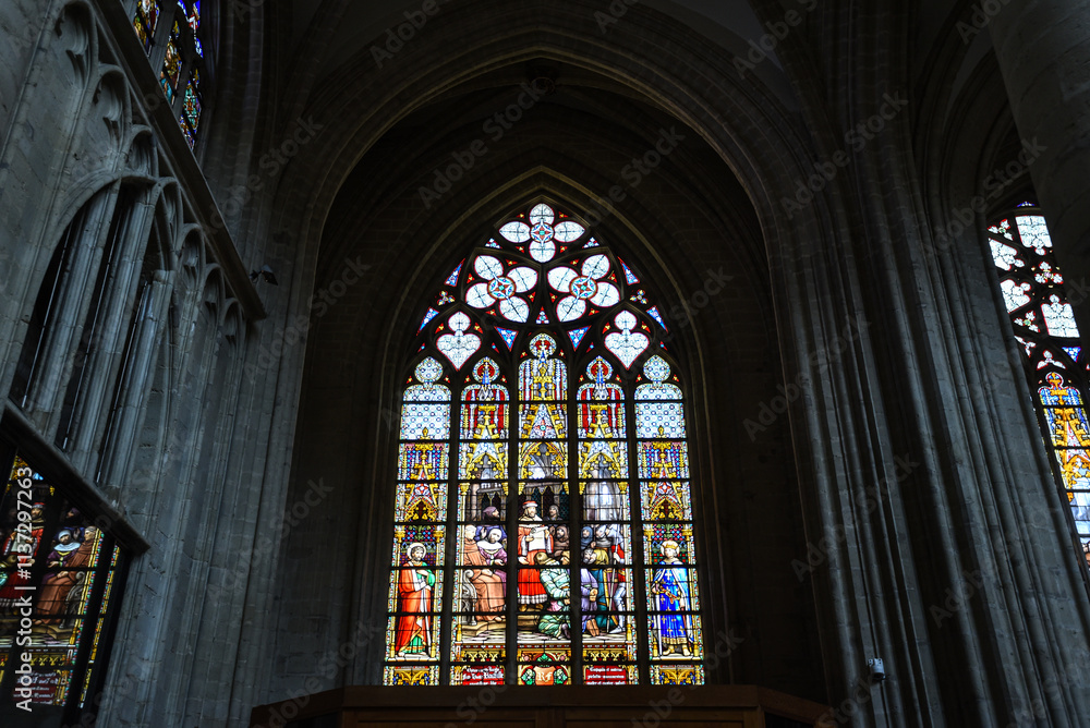Gothic Art and Stained Glass Window in Brussels Cathedral - Brussels, Belgium Gothic Art and Stained Glass Window in Brussels Cathedral - Brussels, Belgium