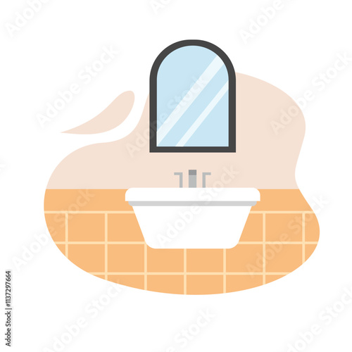 Wash stand illustration. Mirror. Wash basin. Clean. Wash bowl. Sanitary. Toilet. Bathroom.
