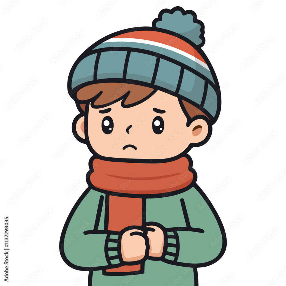 Cute Vector Illustration of a Boy with a Fever, Shivering in Warm Outfit Cute Vector Illustration of a Boy with a Fever, Shivering in Warm Outfit