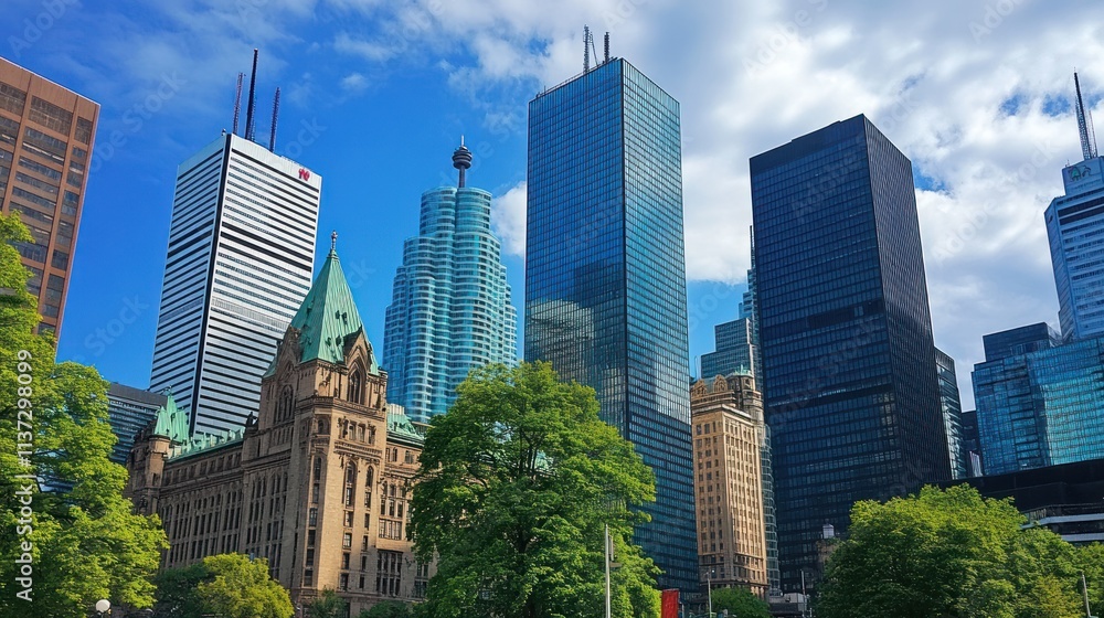 A vibrant city skyline featuring modern skyscrapers and historic architecture under a blue sky. A vibrant city skyline featuring modern skyscrapers and historic architecture under a blue sky.