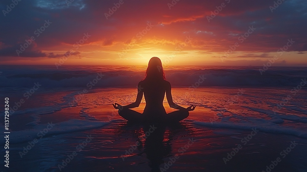 Fototapeta premium Silhouetted Yoga Practitioner Meditating on Serene Beach at Breathtaking Sunrise