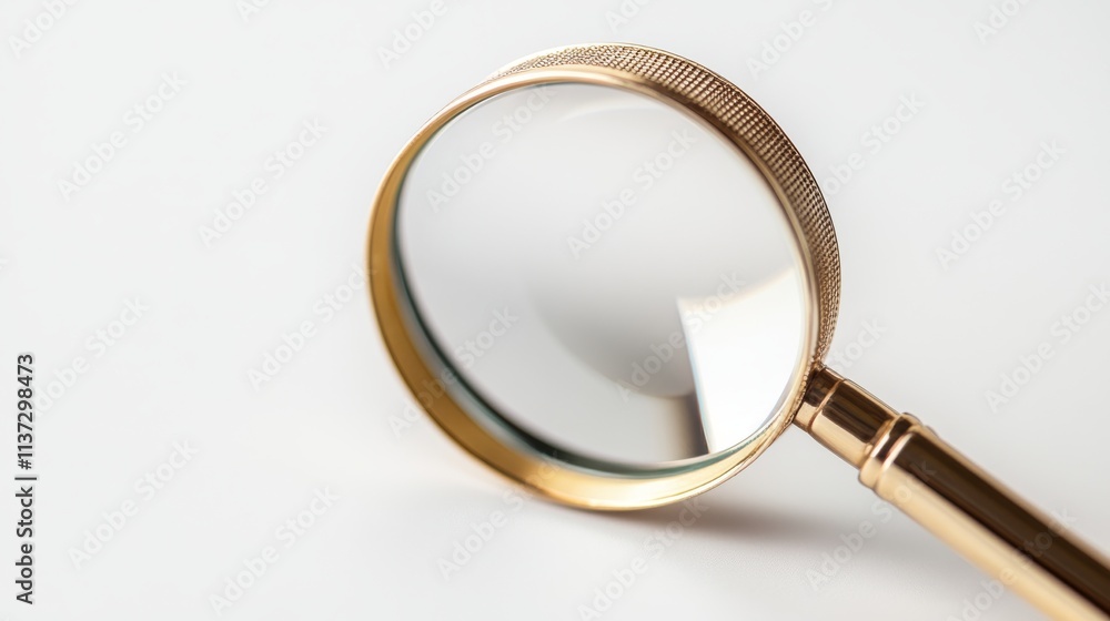 34.Close-up of a classic magnifying glass with an intricately designed handle and clear lens, displayed on a white background; the high-resolution detail captures the metallic texture and reflective 34.Close-up of a classic magnifying glass with an intricately designed handle and clear lens, displayed on a white background; the high-resolution detail captures the metallic texture and reflective