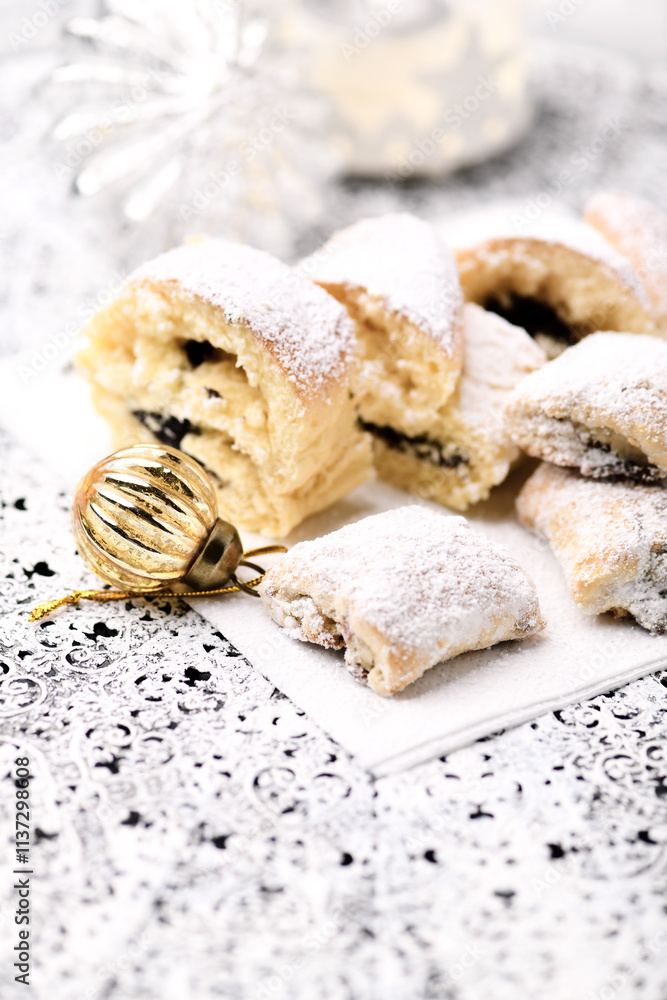 Fototapeta premium Stollen Bites on bright background. Soft focus. Close up.