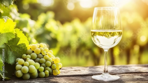 45.Close-up of a glass filled with pale white wine, resting on a rustic wood surface next to a bunch of vibrant green grapes; a lush vineyard extends into the distance, illuminated by soft sunlight,