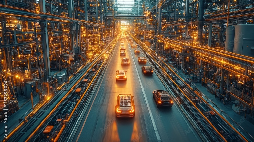 Naklejka premium Dynamic industrial evolution ai-powered automation in a futuristic manufacturing hub urban setting high-tech environment aerial view embracing technology and future innovations